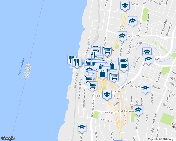 map of restaurants, bars, coffee shops, grocery stores, and more near 79-81 Main Street in Yonkers