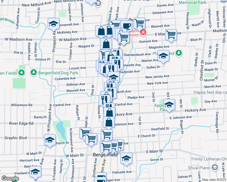 map of restaurants, bars, coffee shops, grocery stores, and more near 205 North Washington Avenue in Bergenfield