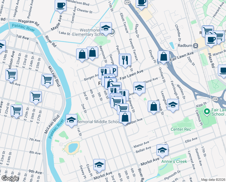 map of restaurants, bars, coffee shops, grocery stores, and more near 13-53 River Road in Fair Lawn