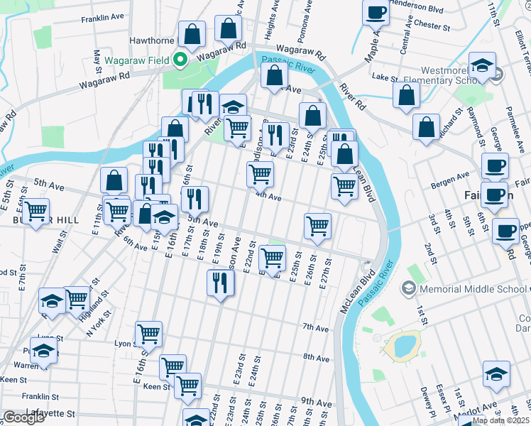 map of restaurants, bars, coffee shops, grocery stores, and more near 158 East 22nd Street in Paterson