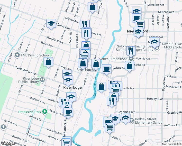 map of restaurants, bars, coffee shops, grocery stores, and more near in River Edge