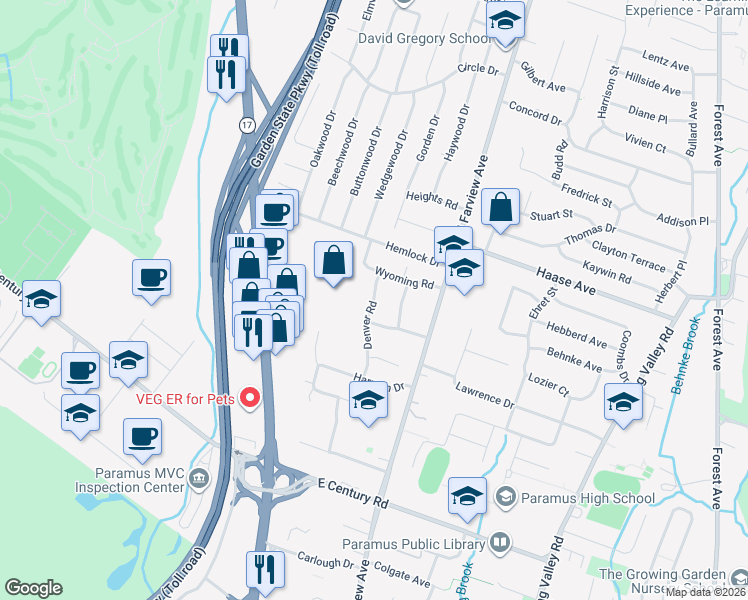 map of restaurants, bars, coffee shops, grocery stores, and more near 218 Denver Road in Paramus