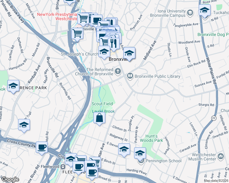 map of restaurants, bars, coffee shops, grocery stores, and more near 6 Alden Place in Bronxville