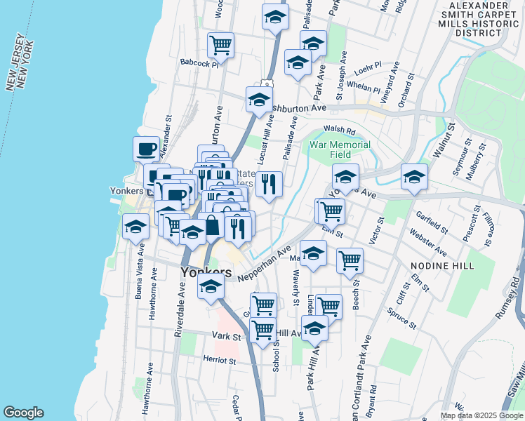 map of restaurants, bars, coffee shops, grocery stores, and more near 12 Locust Hill Avenue in Yonkers