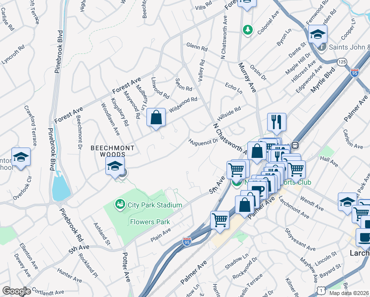 map of restaurants, bars, coffee shops, grocery stores, and more near 9 Huguenot Drive in Larchmont