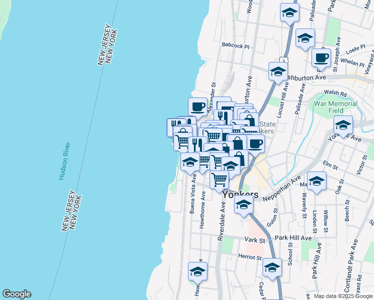 map of restaurants, bars, coffee shops, grocery stores, and more near 79 Main Street in Yonkers