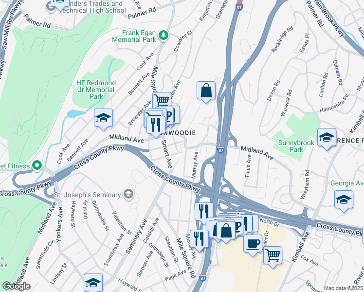 map of restaurants, bars, coffee shops, grocery stores, and more near 900 Midland Avenue in Yonkers