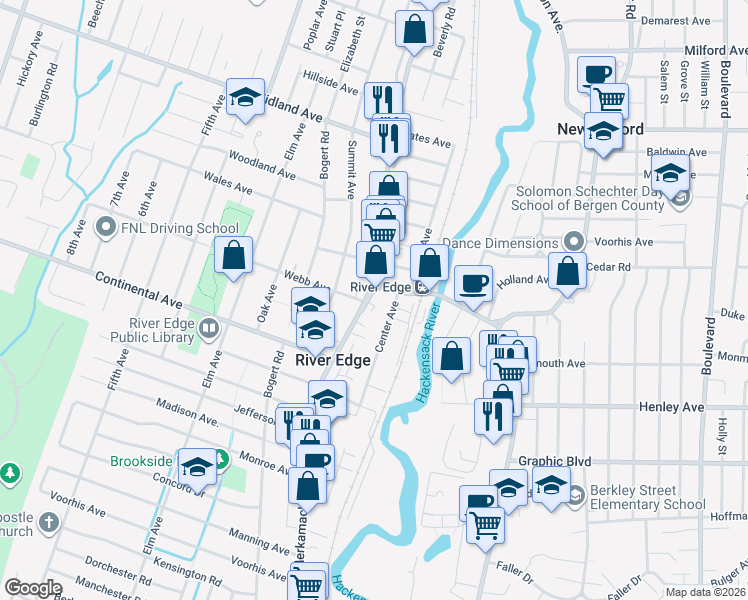 map of restaurants, bars, coffee shops, grocery stores, and more near 47 River Edge Road in River Edge