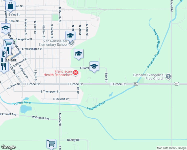 map of restaurants, bars, coffee shops, grocery stores, and more near 1106 East Grace Street in Rensselaer