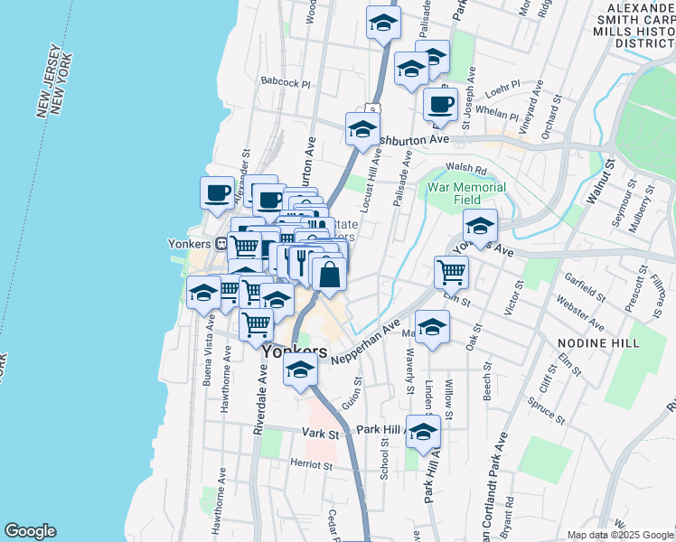 map of restaurants, bars, coffee shops, grocery stores, and more near 28 North Broadway in Yonkers