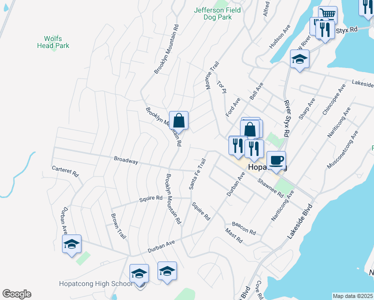 map of restaurants, bars, coffee shops, grocery stores, and more near 320 Idalroy Trail in Hopatcong