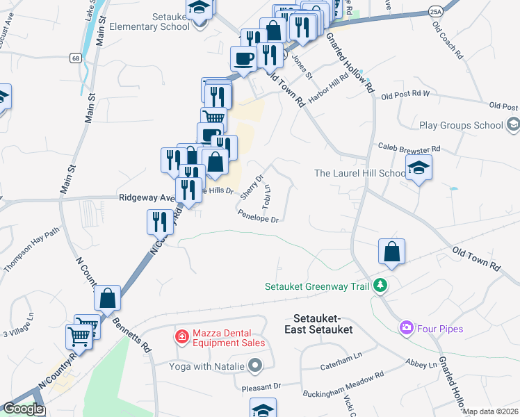 map of restaurants, bars, coffee shops, grocery stores, and more near 8 Tobi Lane in Setauket- East Setauket