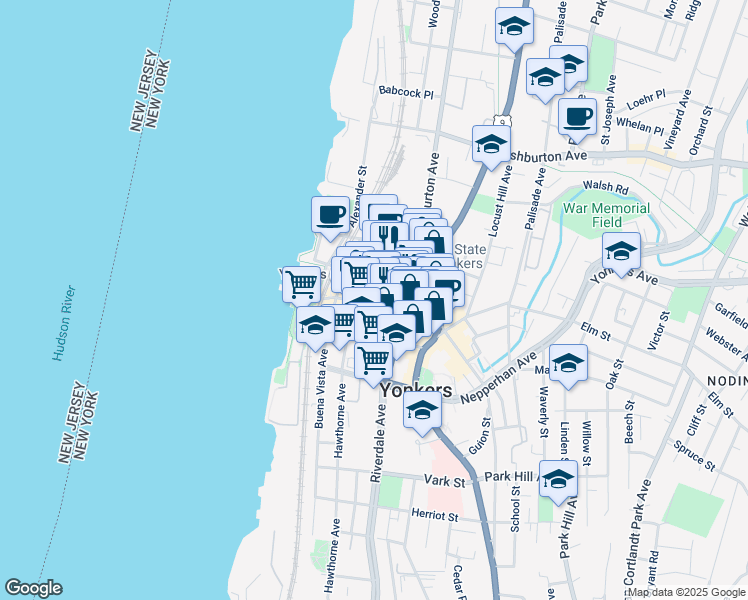 map of restaurants, bars, coffee shops, grocery stores, and more near 66 Main Street in Yonkers