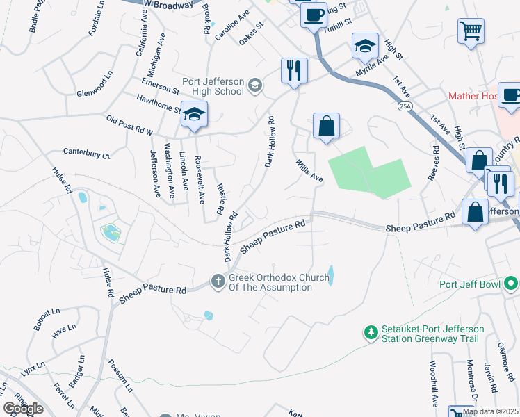 map of restaurants, bars, coffee shops, grocery stores, and more near 150 Dark Hollow Road in Port Jefferson