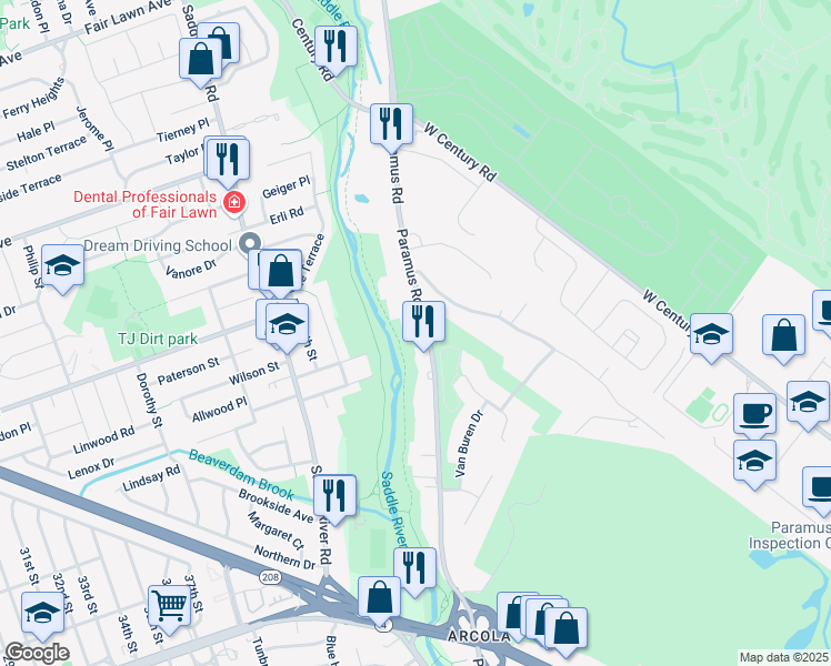 map of restaurants, bars, coffee shops, grocery stores, and more near 133 Paramus Road in Paramus