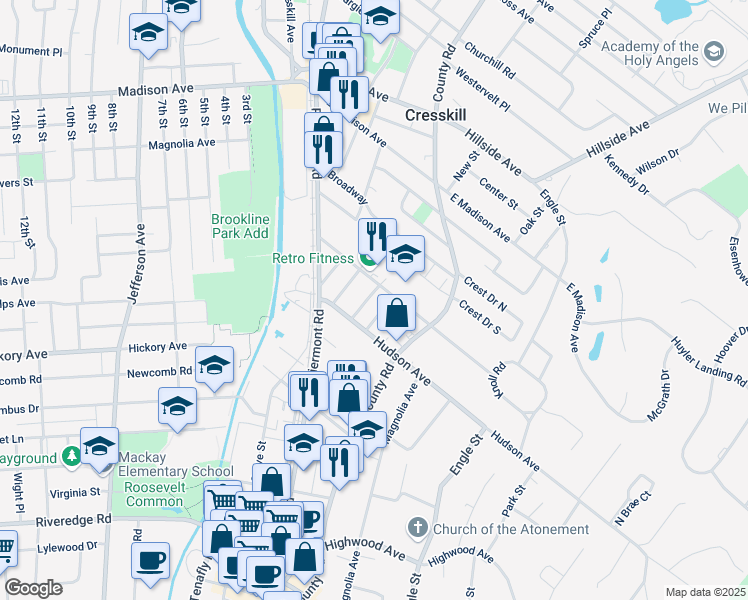 map of restaurants, bars, coffee shops, grocery stores, and more near 51 Madison Avenue in Tenafly