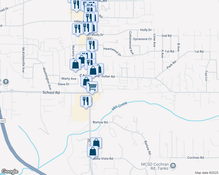 map of restaurants, bars, coffee shops, grocery stores, and more near 1701 Hideaway Court in McKinleyville