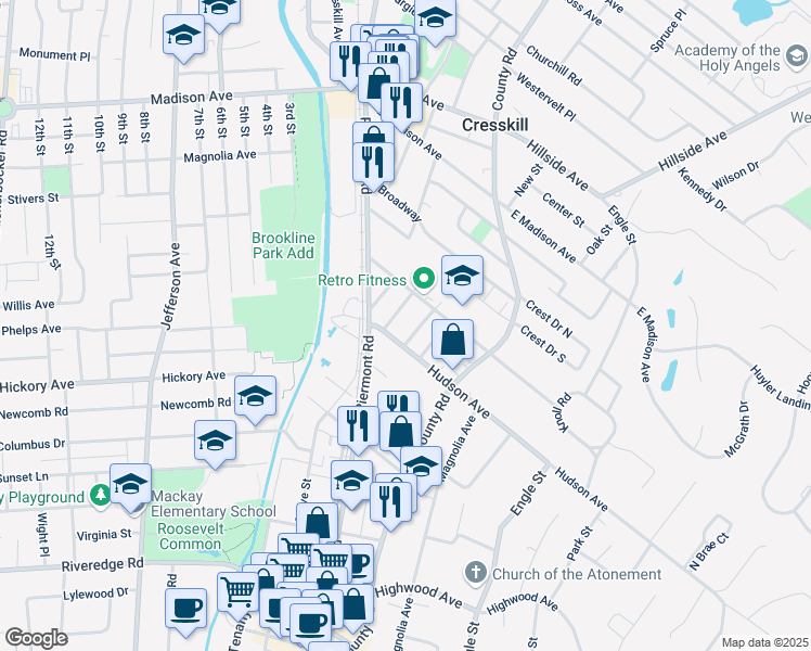 map of restaurants, bars, coffee shops, grocery stores, and more near 55 Hudson Avenue in Tenafly