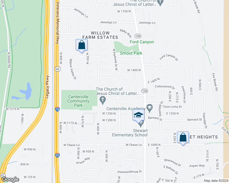 map of restaurants, bars, coffee shops, grocery stores, and more near 244 West 1375 North in Centerville