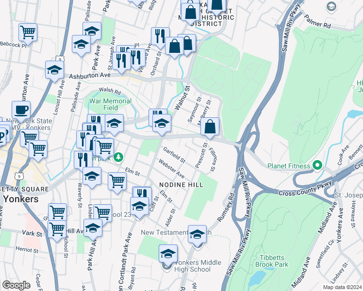 map of restaurants, bars, coffee shops, grocery stores, and more near 97 William Street in Yonkers