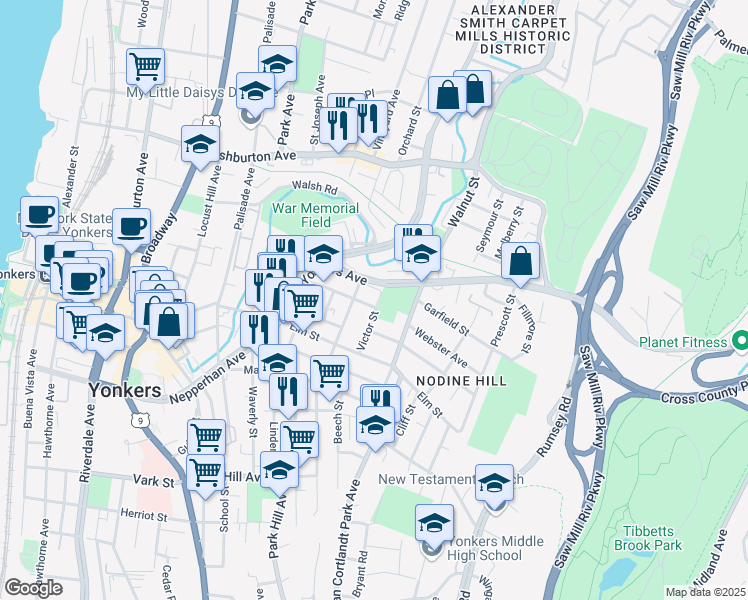 map of restaurants, bars, coffee shops, grocery stores, and more near 60 Yonkers Avenue in Yonkers