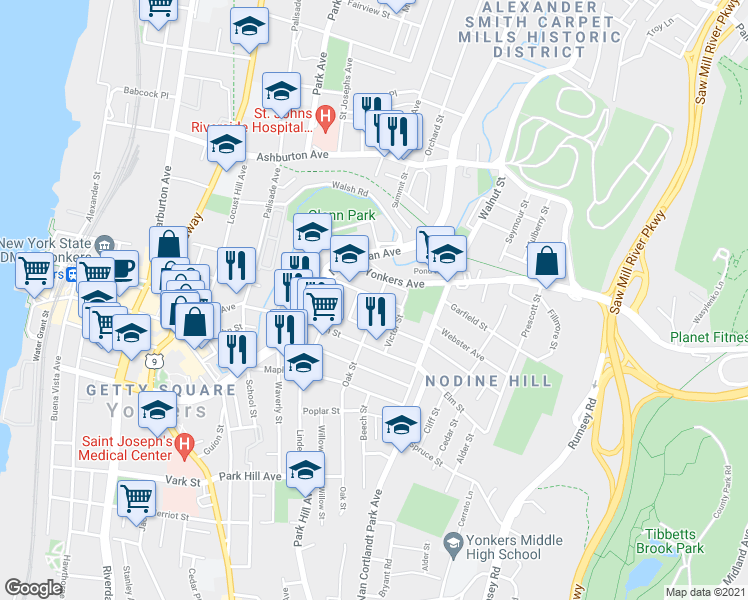 map of restaurants, bars, coffee shops, grocery stores, and more near 2 Riverview Place in Yonkers