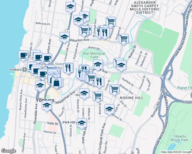 map of restaurants, bars, coffee shops, grocery stores, and more near 2 Riverview Place in Yonkers
