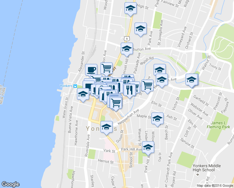 map of restaurants, bars, coffee shops, grocery stores, and more near 12 Locust Hill Avenue in Yonkers