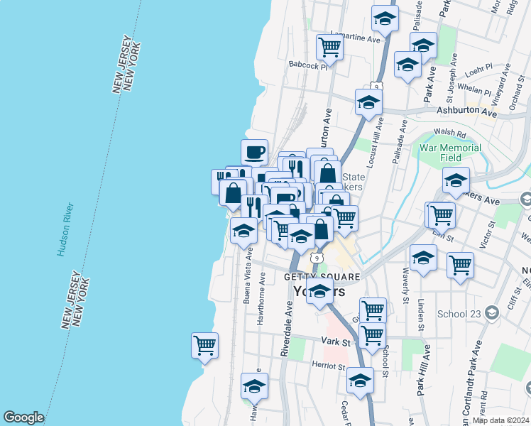 map of restaurants, bars, coffee shops, grocery stores, and more near 79-81 Main Street in Yonkers