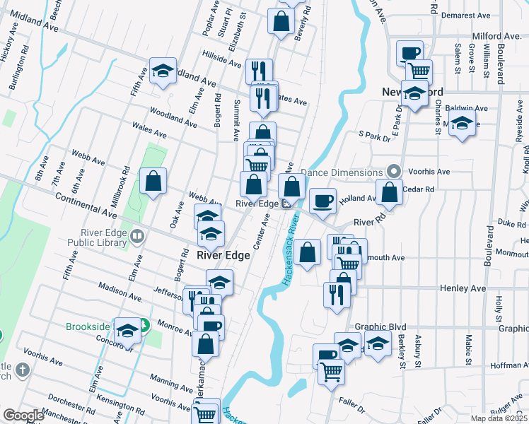 map of restaurants, bars, coffee shops, grocery stores, and more near 47 River Edge Road in River Edge