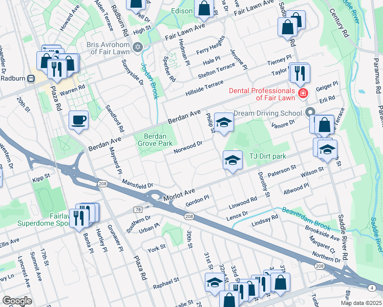 map of restaurants, bars, coffee shops, grocery stores, and more near 33-03 Nicholson Drive in Fair Lawn
