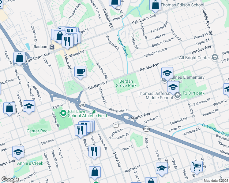 map of restaurants, bars, coffee shops, grocery stores, and more near 27-08 Kipp Street in Fair Lawn
