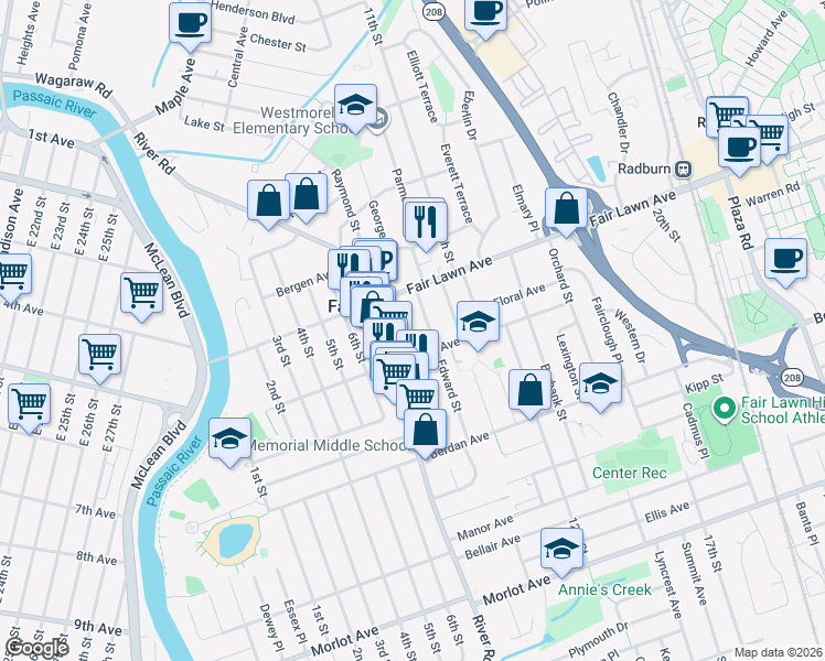 map of restaurants, bars, coffee shops, grocery stores, and more near 13-22 Edward Street in Fair Lawn