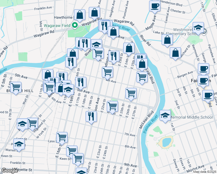 map of restaurants, bars, coffee shops, grocery stores, and more near 158 East 22nd Street in Paterson