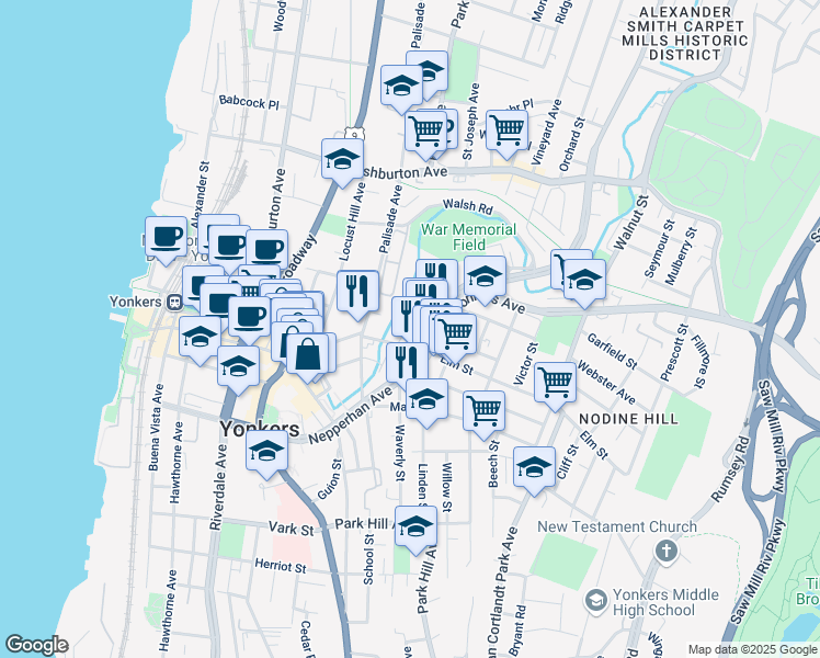 map of restaurants, bars, coffee shops, grocery stores, and more near 8 Saint Casimir Avenue in Yonkers