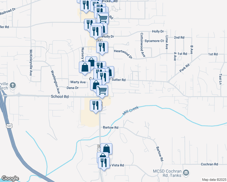 map of restaurants, bars, coffee shops, grocery stores, and more near 1681 Hideaway Court in McKinleyville