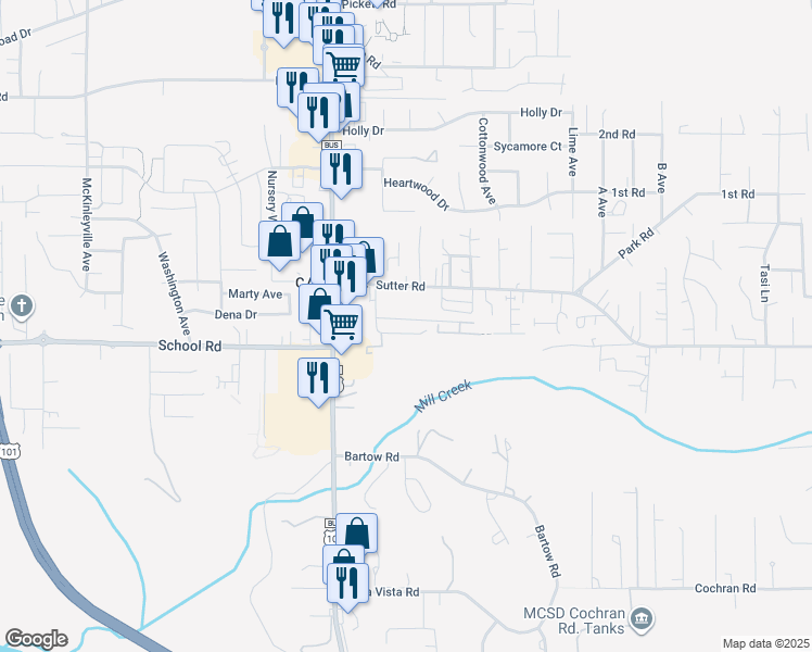 map of restaurants, bars, coffee shops, grocery stores, and more near 1701 Hideaway Court in McKinleyville