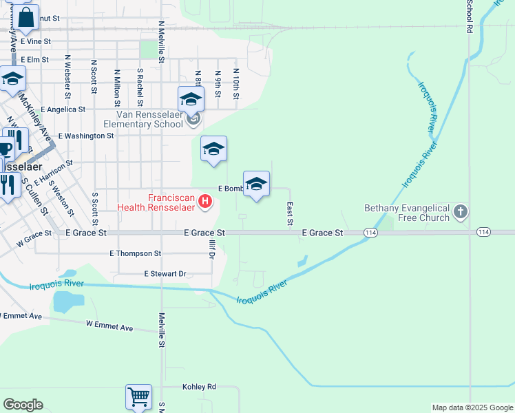 map of restaurants, bars, coffee shops, grocery stores, and more near 1106 East Grace Street in Rensselaer