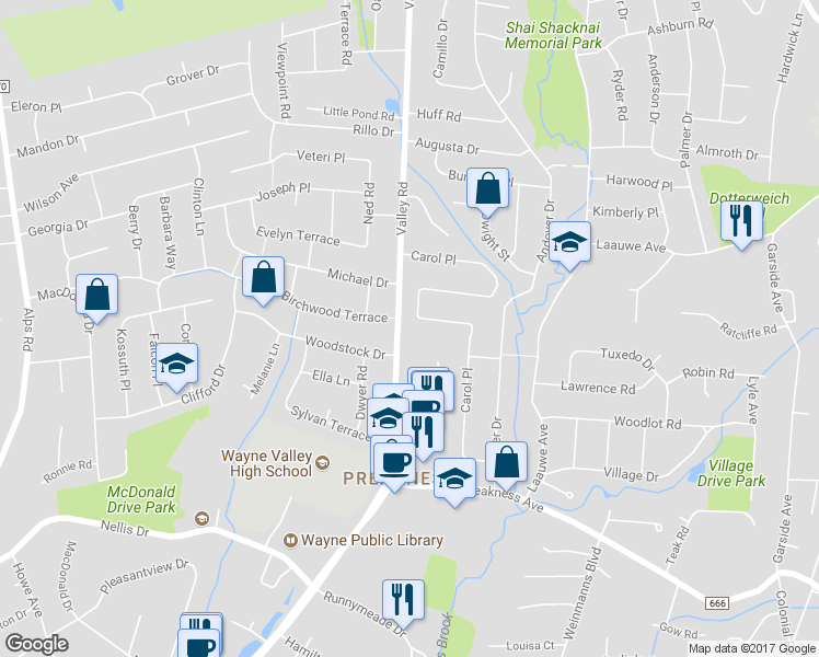 map of restaurants, bars, coffee shops, grocery stores, and more near 676 Valley Road in Wayne