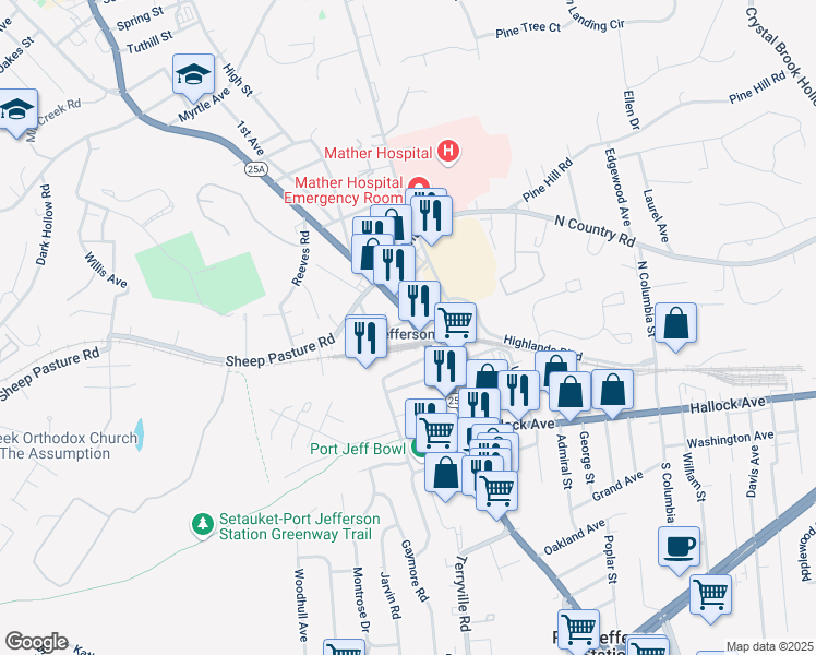 map of restaurants, bars, coffee shops, grocery stores, and more near Main Street in PORT JEFF STA