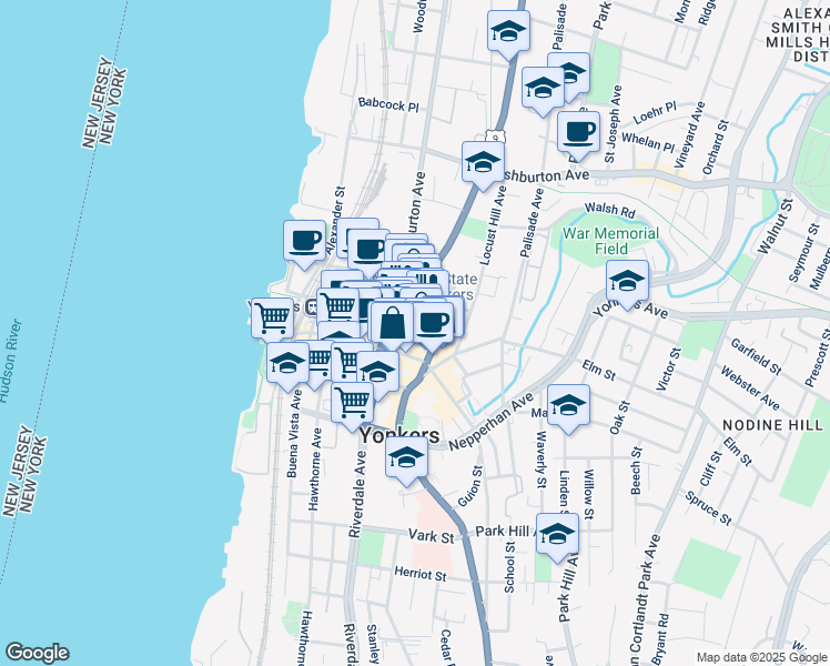 map of restaurants, bars, coffee shops, grocery stores, and more near 25 North Broadway in Yonkers