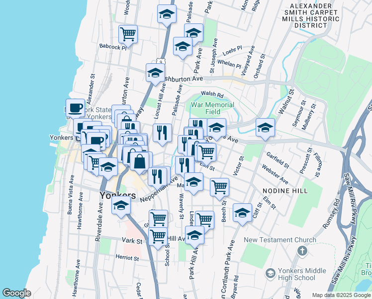 map of restaurants, bars, coffee shops, grocery stores, and more near 8 Saint Casimir Avenue in Yonkers