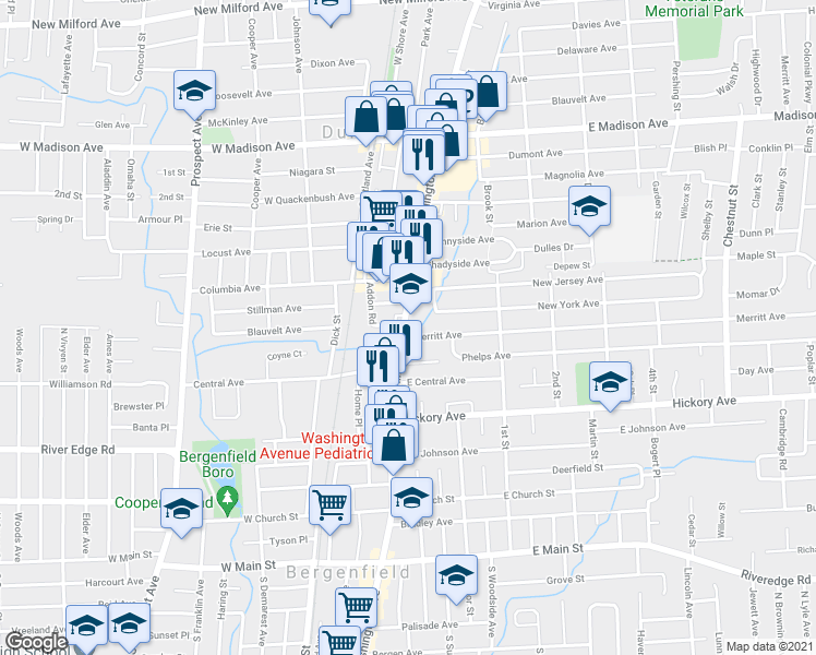 map of restaurants, bars, coffee shops, grocery stores, and more near 205 North Washington Avenue in Bergenfield
