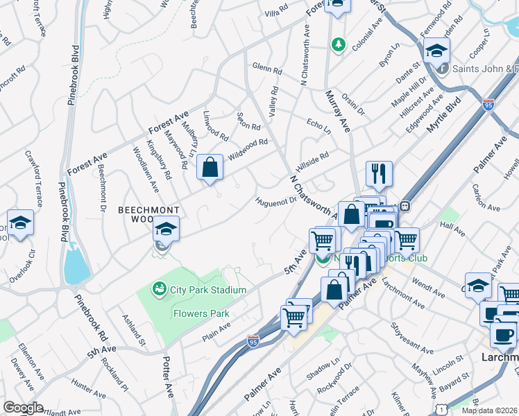 map of restaurants, bars, coffee shops, grocery stores, and more near 9 Huguenot Drive in Larchmont