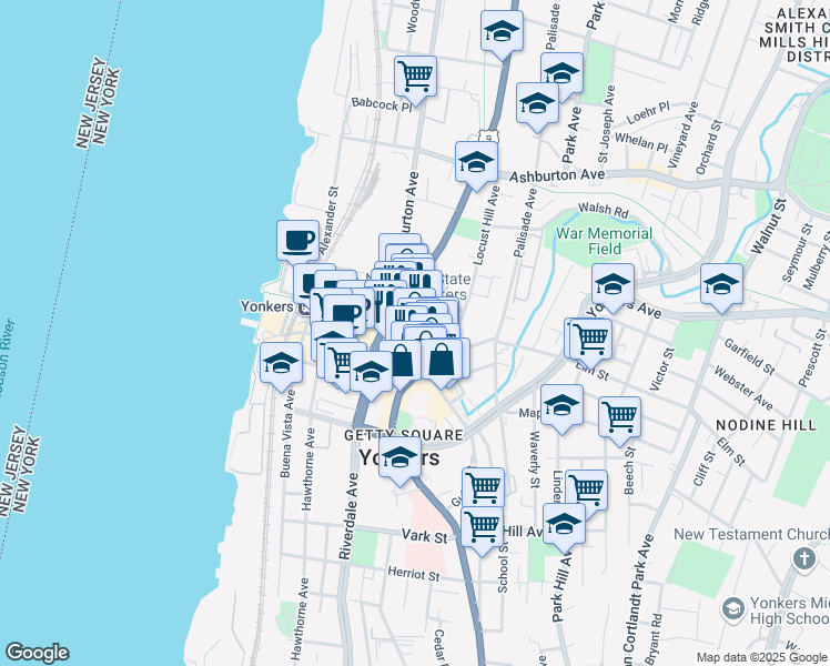 map of restaurants, bars, coffee shops, grocery stores, and more near 14 Overlook Terrace in Yonkers