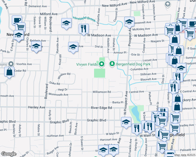 map of restaurants, bars, coffee shops, grocery stores, and more near 299 North Vivyen Street in Bergenfield