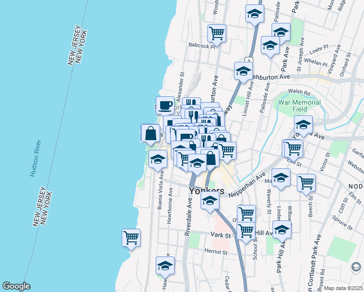 map of restaurants, bars, coffee shops, grocery stores, and more near 66 Main Street in Yonkers