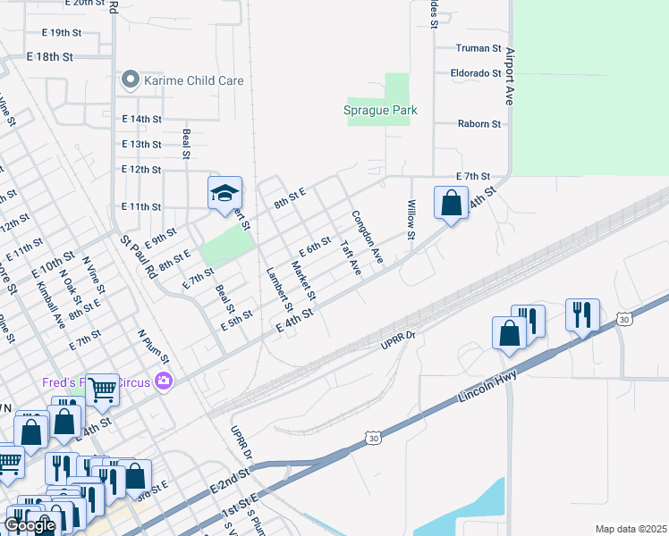map of restaurants, bars, coffee shops, grocery stores, and more near 1304 E 5th St in Grand Island