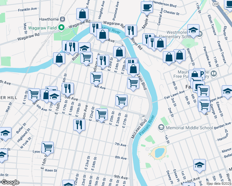 map of restaurants, bars, coffee shops, grocery stores, and more near 130 East 25th Street in Paterson
