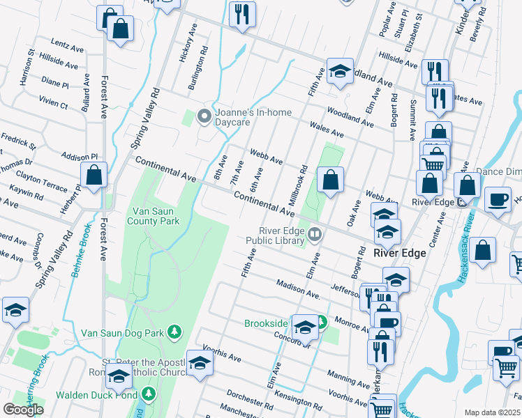 map of restaurants, bars, coffee shops, grocery stores, and more near 689 Fifth Avenue in River Edge